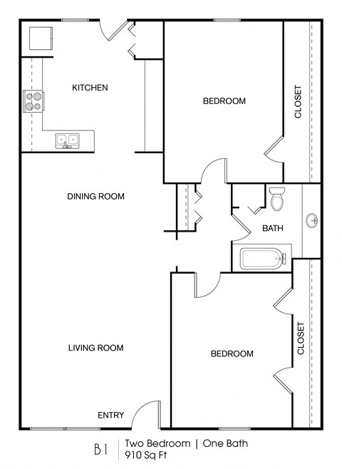 Floor plan for 2 beds, 1 bath, 910 sqft